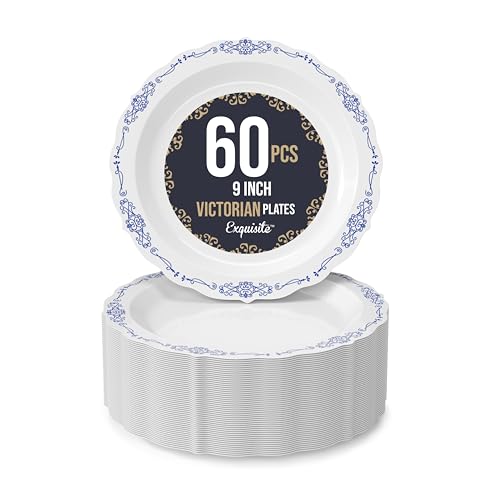 Exquisite Victorian Plastic Plates - 60 Piece Disposable Party Set for 60 Guests - 60 x 9 inch Dessert Plates - Heavy Duty White & Navy