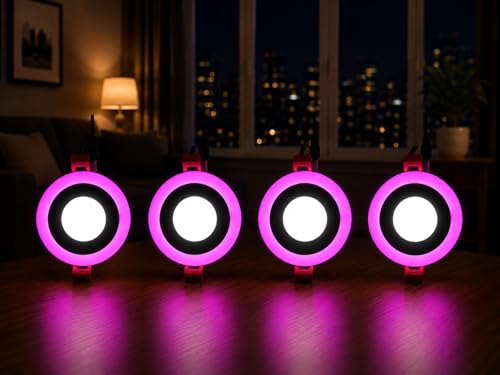 Image of OLIPS 6W (3+3) LED Ceiling Panel Down Light | Dual Color Change by On /Off Switch | Fan Box POP Decorative LED | White Center & Color Ring Design (Pink, 4)