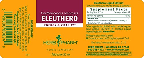 Herb Pharm Eleuthero Root Liquid Extract For Energy And Stamina, Cane Alcohol, 1 Ounce #TOP1