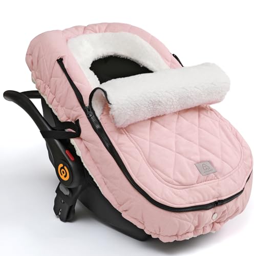 Image of ACRABROS Car Seat Cover Baby: Winter Infant Carseat Canopy for Boy Girl Newborn Zipper Peeping Window Warm Cozy Cold Weather Waterproof Universal Fitted, Pink