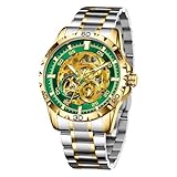 GLENAW Automatic Watches for Men - Self-Winding Mechanical Movement, Skeleton Open Dial, 30 ATM Waterproof, with Stainless Steel Band, Automatic Mechanical Watch, Without Battery (8687-Golden Green)