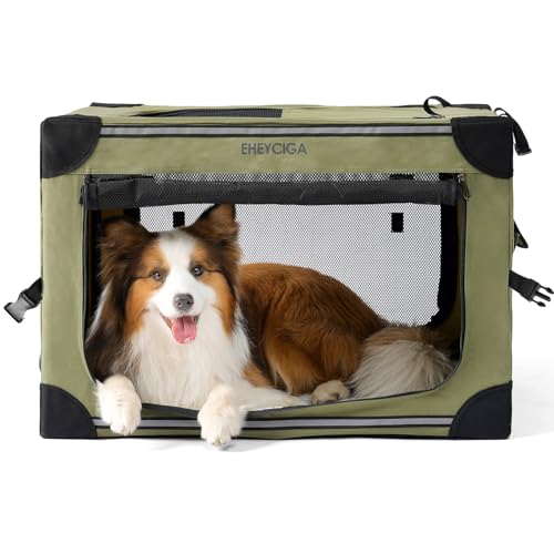 Image of EHEYCIGA Collapsible Dog Crate 30 Inches, Portable Travel Crate for Medium Dogs, Soft Foldable Pet Kennel with 4-Door Mesh Windows Indoor & Outdoor, Green