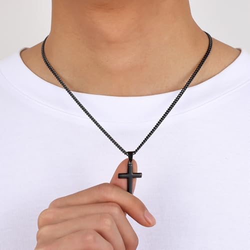 Image of Fiusem Silver Tone /Black /14K Gold Plated Cross Necklace for Men, Beveled Edge Pandent Mens Necklace, 3.5MM Stainless Steel Cuban Chain, 16-24 Inches Jewelry Gifts