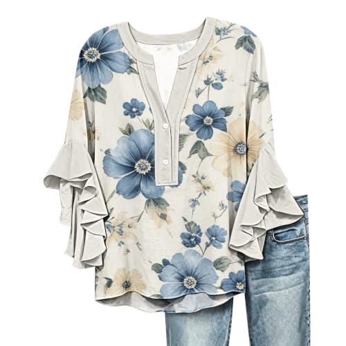 Women's Ruffle Sleeve Boho Flowy Blouse Henley Button Neck Tops - image 3