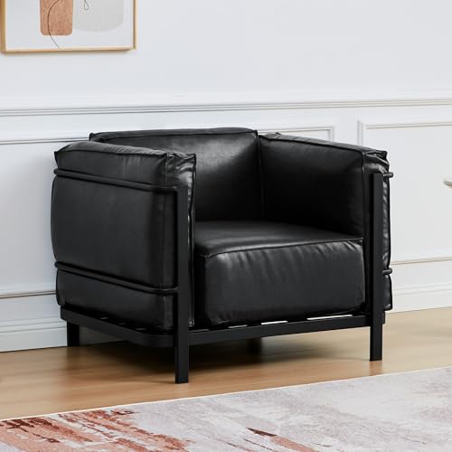 Image of QHITTY Sofa Chair, Mid-Century Modern Upholstered Couch Chair Faux Leather Sofa Couch with Iron Frame and Upholstered Armrest Backrest Cushion for Living Room, Office, Apartment (Black)