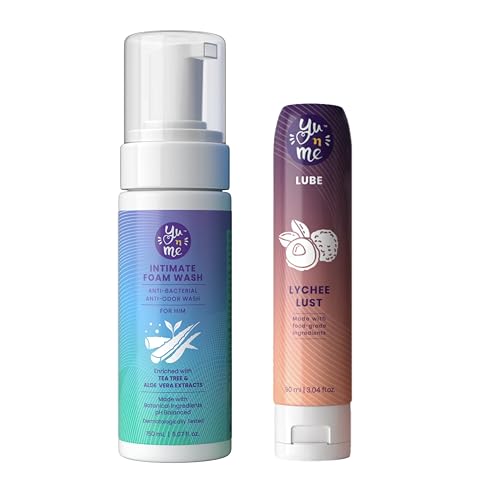 Image of Yu n Me Men's Intimate Wash & Lubricant Combo| Anti-Bacterial Foam Wash 150ml + Aloe Lychee Massage Gel 100g | pH Balanced | | Controls Odor, Itching & Dryness | Gentle, Non-Sticky, Daily Use