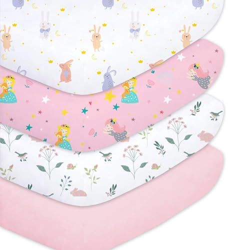 Image of Little Grape Land 4 Pack Crib Sheets for Baby Girls,52 inch x 28 inch | Fitted Baby Toddler Sheets and Crib Mattress Sheet,Soft&Breathable,Machine Washable, Fairy & Bunny