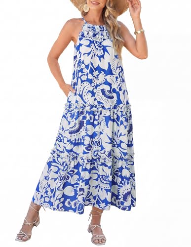 GRACE KARIN 2026 Women's Floral Halter Maxi Dress Boho Summer Beach Sundress with Tiered Ruffle Skirt Blue Silhouette Flower M