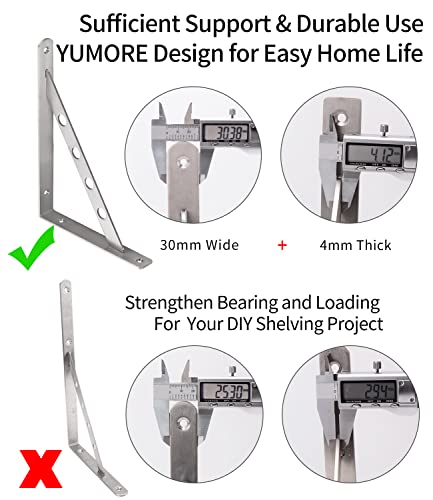 Image of YUMORE Shelf Bracket 12 inch Heavy Duty,Stainless Steel L Shaped Brackets Wall Mounted Floating Table Support with Hanging Holes Corner Brace 4mm Right Angle Joint Brackets, 2pcs, Max Load 400lbs