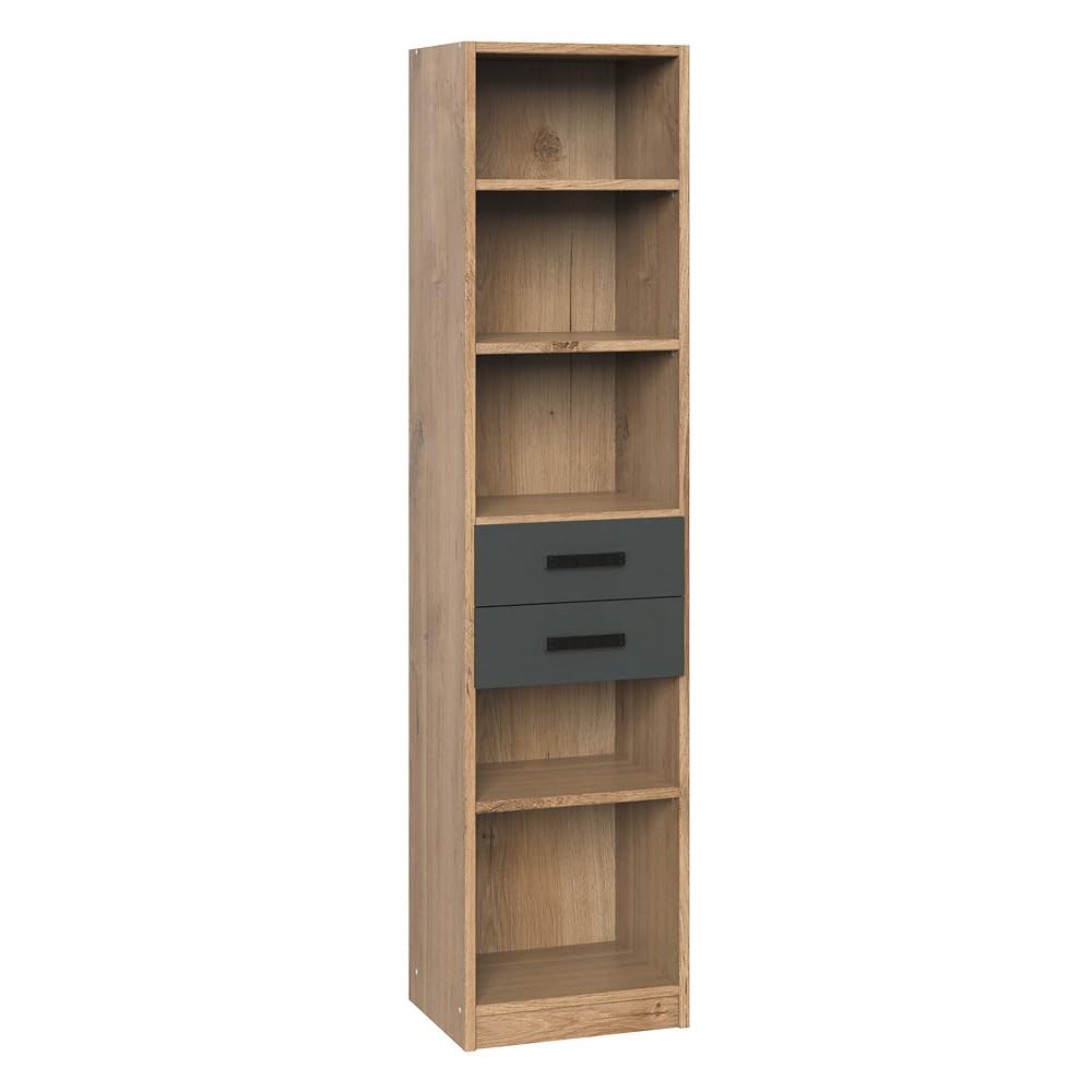 Lomadox Jugendzimmer Set 7-teilig mit Bett 90cm, 2 Bettschubkästen, Kleiderschrank, Regal, Schreibtisch, Rollcontainer in Eiche Graphit Industrial-Stil