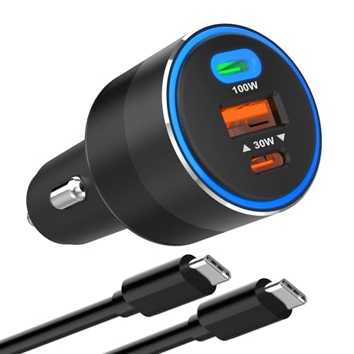 TEKTURN 160W Car Charger with 100W E-Mark Cable - Multiport (2 USB-C & 1 USB-A) Super Fast Charging, Compatible with iPhone 16/15/14/13, Samsung S25/S24/S23, iPad, MacBook, Windows Laptops & More