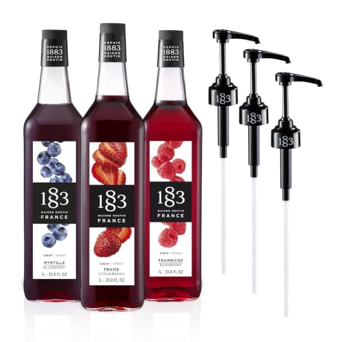 1883 Strawberry, Blueberry, Raspberry Syrups with Pumps (Berry Lovers) for Drinks – 1 Liter Glass Bottles (Pack of 3)