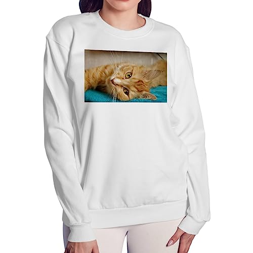 Sweatshirt femme chat roux tigré en coton imprimé pull décontracté bleu