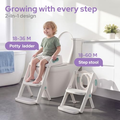 Image of lalalark Potty Training Seat, 2-in-1 Toddler Toilet Seat with Steps, Upgrade Potty Step Stool for Toddler with Anti-Slip Pad Step Stool, Extended Splash Guard, Foldable Potty Ladder Boys Girls, Green