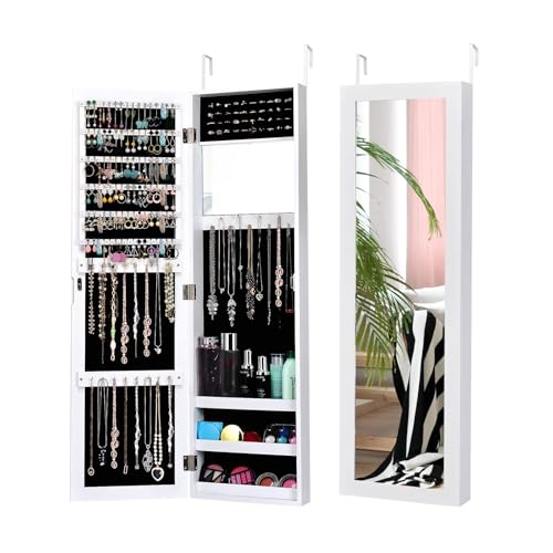 COSTWAY Schmuckschrank, mit Ganzkörperspiegel und eingebautem Schminkspiegel, Schmuck Spiegelschrank für Ohrringe, Ringe und Kettenhaken, Tür- /...