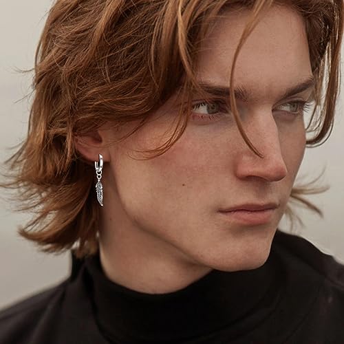 Vintage 925 Sterling Silver Feather Earrings Hoop Dangle Gothic Earrings for Men Women Teen Punk Drop Dangle Piercing Circle Earrings Unisex Jewelry2