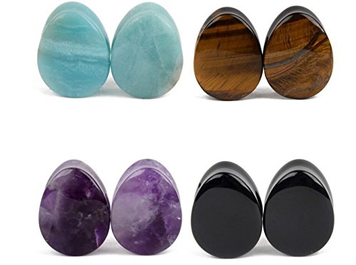 Chaplin Wong 4 Pairs Natural Mixed Opalite Stone Plug Double Flared Flesh Tunnels Ear Stretcher Piercing Gauges