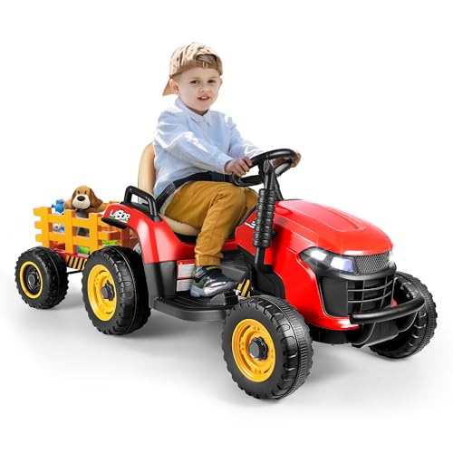 ANPABO Ride On Tractor with Tiltable Trailer, 2x45W Motors, 12V Ride On Toy w/Parent Remote Control, Music & Bluetooth, Headlight, Shifter, Battery Powered Electric Vehicle for Kids, Red