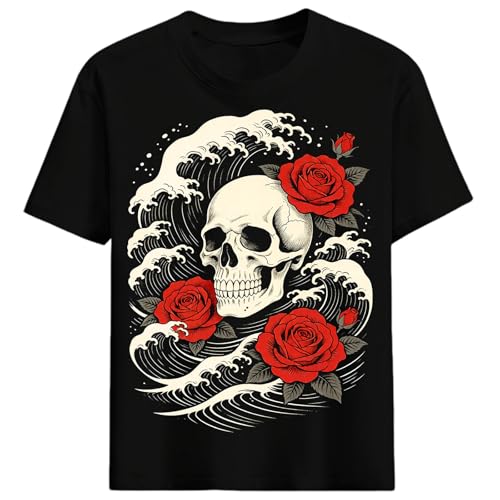 Vintage Skull Skeleton with Roses Japanese Wave Graphic Tee Retro Traditional Tattoo Art T-Shirt