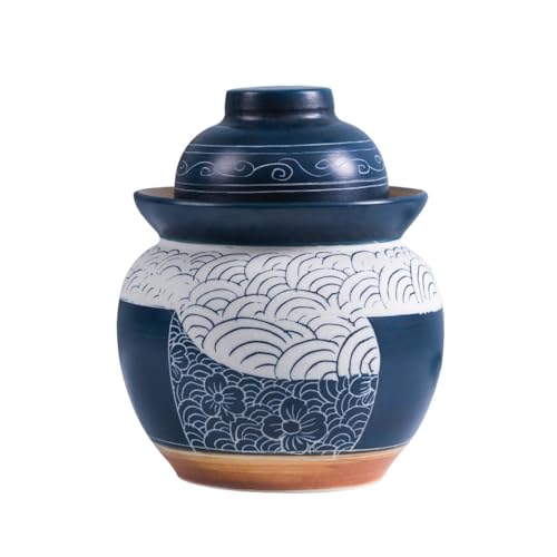 BDMRY Tarro de Fermentación de Olla de gres, Tarro para Pepinillos, Tarros con Tapa para Aceitunas, Tarro de Fermentación o Decapado,Jarrón de Barro,Tarro para fermentar c blue-3.5L