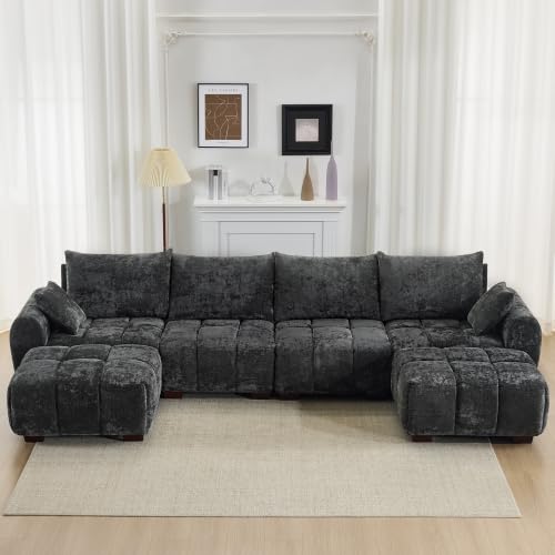 Image of 143 inch Oversized U Shaped Couch, Large Chenille Cloud Couch with Two Movable Ottomans, Memory Foam and Solid Wood Legs, Mid Century Modern Modular Sectional Couches for Living Room, Tufted Sofa, Grey
