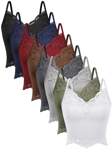 Geyoga 8 Pack Womens Y2k Crop Tops Fairy Grunge Clothes Lace Patchwork Tops V Neck Cami Ribbed Knitted Tank for Women