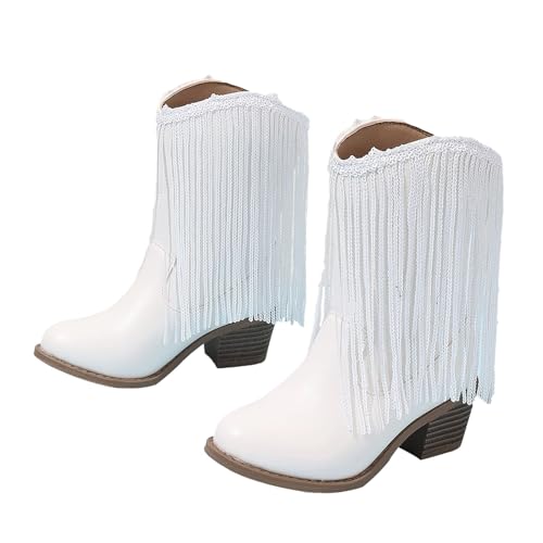 Stivali per ragazze UK Frange Decorato Tacco Blocco Pelle Western Cowgirl Stivali Inverno Autunno Moda Bambini Stivali Corti Bambini Antiscivolo Nappa Scarpe Calzature, A 4 Bianco, 32 EU