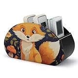 peiyeety Niedliche Fernbedienungsbox mit Fuchs- und Blumenmotiv, 5 Fächer, aus PU-Leder, multifunktional, für Schreibtisch, Zuhause oder Nachttisch.