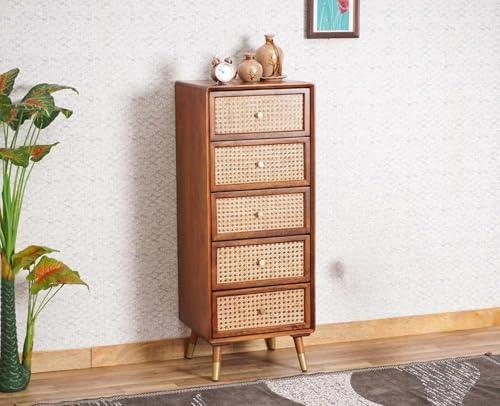 Image of Chest of Drawers | Multipurpose Console Dresser with 5-Compartment Storage Cabinet with Modern Design for Bedroom, Living Room & Office | Solid Sheesham Wood, Honey Finish(Peter)