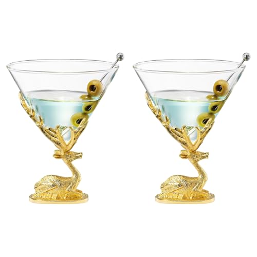 Stag Antler Martini & Cocktail Glasses - 2 Set - Gold Deer Design Elegant Animal Inspired Barware, Everyday, Wedding, Themed Parties Rustic Decor Lover Gifts, Unique Drinking Perfect for Entertaining by Khen - Used condition - US$14.54