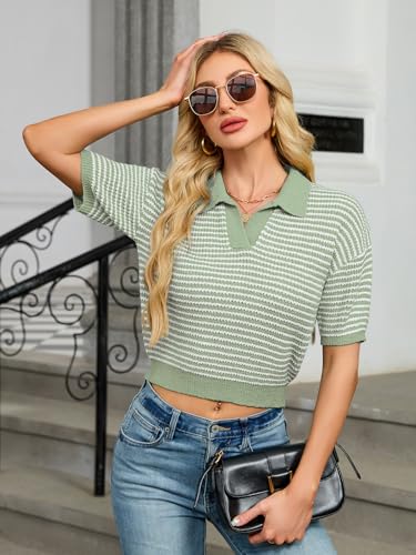 Womens Striped Cropped Sweater Short Puff Sleeve Fall Sweaters V Neck Tops Knit Casual Pullover Shirts Outfits2
