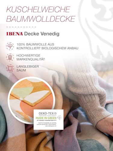 Ibena Venedig Baumwolldecke 140x200 cm - Kuscheldecke 100% Baumwolle pastell bunt, angenehm leichte und kuschelweiche Wolldecke, hochwertige Qualität Made in Germany