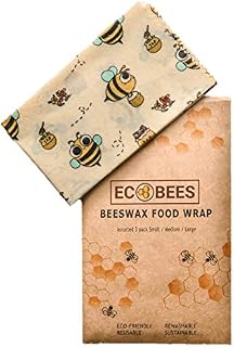 EcoBees Beeswax Food Wrap | Pack of 3 Sizes | Reusable | No Smell | Airtight | Easy to Clean | Sticky Beeswax Wraps | Eco Friendly | Reusable Food Cling Wraps | Plastic Free Wax Wrap