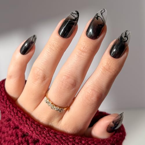 Glamnetic Press On Nails x Harry Potter - Dementor | Medium Almond Fake Nails with Smoky Black Gradient Tips Salon Quality Officially Licensed | 15 Sizes - 30 Nail Kit with Glue