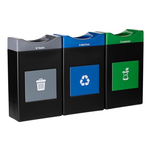 Image of Avante Series Made in The USA, Black Triple-Stream,Trash, Recycling and Compost Center, 3-30-gallon Shallow Units, Open Top, Liners Included