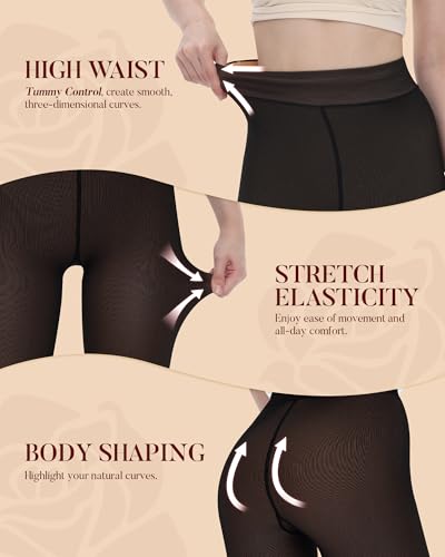 iceROSE Fleece Lined Tights Women - Sheer Black Thermal Leggings Thick Warm Pantyhose Fake Translucent Dress for Cold Winter - Thumbnail 3