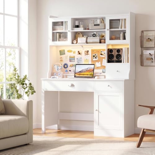 FACBOTALL Computer Desk with Hutch and RGB, Office Desk with Power Outlet