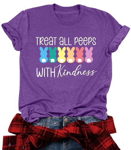 Image of LAZYCHILD Women Easter Teacher Shirts: Funny Treat All with Kindness T-Shirt Bunny Rabbit Tee Tops