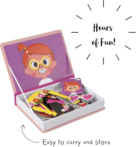 Janod - Girl’s Crazy Faces Magneti’Book - Magnetic Educational Game 55 Pieces - For children from the Age of 3, J02717, Klein, Rose