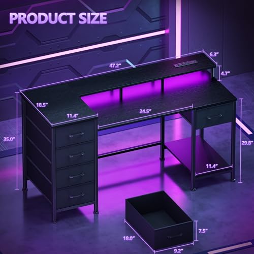 Image of Korfile 47 Inch Gaming Desk with Power Outlets and LED Lights, Reversible Computer Desk with 5 Fabric Storage Drawers, Home Office Desk with Monitor Stand for Working Writing Study, Black