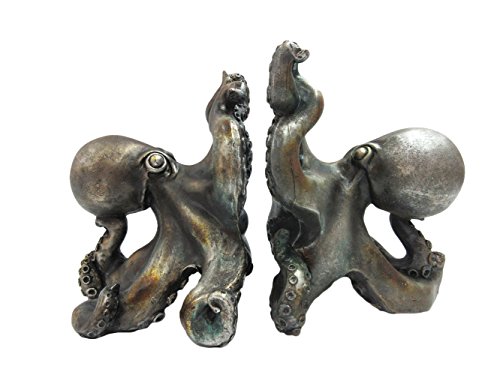 Pacific Giftware Antique Silver Octopus Decorative Bookends Set 5 Inch Tall - Thumbnail 2