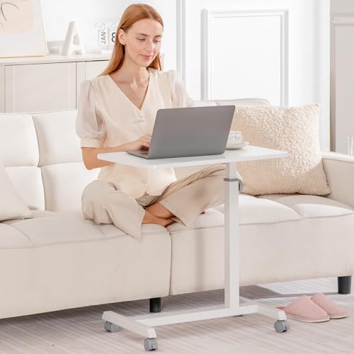 Image of GTPLAYER Small Standing Desk, 24 Inches Mobile Rolling Laptop PC Table with Lockable Casters, Adjustable Height Overbed Bedside Table Computer Workstation for Home Office, White-Fixed