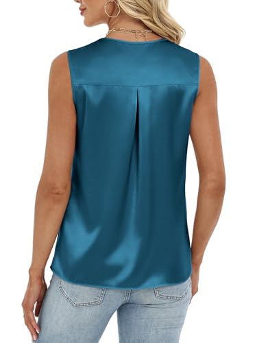 Funlingo Womens Silk Satin Camisole Tank Tops V Neck Pleated Dressy Casual Sleeveless Blouses Summer Business Work Shirts Spring Outfits Blue Green XL — view 5