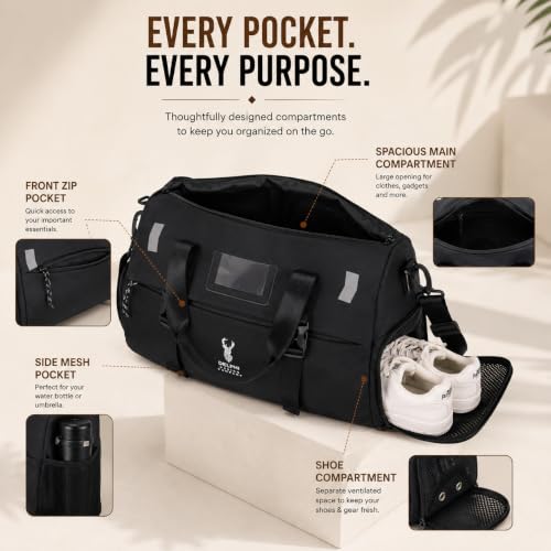 Image of Delphi Design Waterproof Gym & Travel Duffel Bag for Men & Women | Multi-Compartment Weekender Bag with Shoe Compartment, Dry-Wet Separation & Yoga Mat Holder | Black