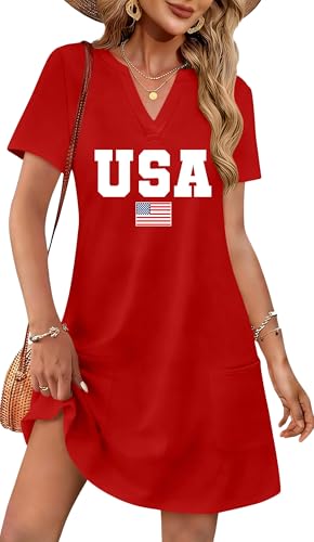 Image of Ithalt 4th of July Dresses for Women Patriotic Dress Red White and Blue Outfits American Flag V Neck Sundress with Pockets