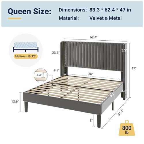 Image of Allewie Queen Size Velvet Bed Frame /Vertical Channel Tufted Wingback Headboard /Upholstered Platform Bed /Strong Wooden Slats /No Box Spring Needed /Easy Assembly /Grey
