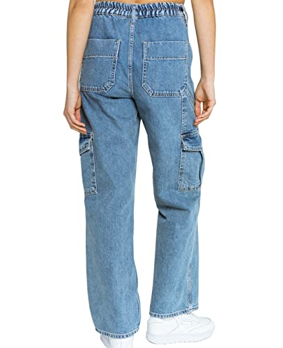 Women's Elastic Waist Straight Leg Relaxed Fit Cargo Jeans Utility Casual Denim Cargo Outdoor Pants2