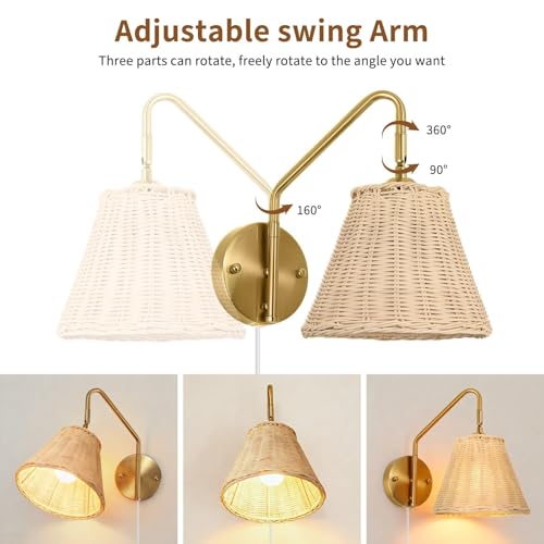 Image of Rattan Plug in Wall Sconces Set of 2, Boho Swing Arm Plug in Sconce, Hand Woven Wicker Wall Lamps for Bedroom, Gold Wall Sconces with UL Certified Cord, Wrapped Rattan Sconce for Living Room