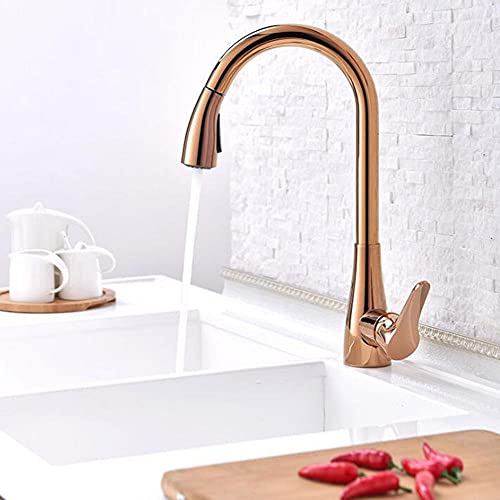 Robinet de cuisine avec douchette extractible en laiton or rose mitigeur d'évier rotatif 360