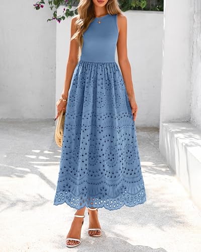 Image of dowerme Women Summer Dresses 2026 Casual Sleeveless Crewneck A-Line Boho Lace Eyelet Cotton Tank Maxi Dress with Pockets